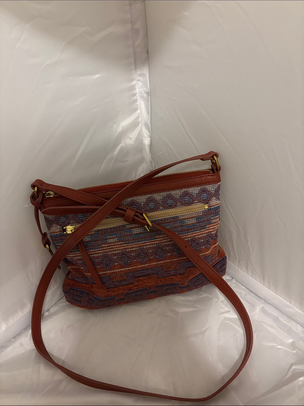 Fossil Multicolor Woven Crossbody with Rust Leather Trim